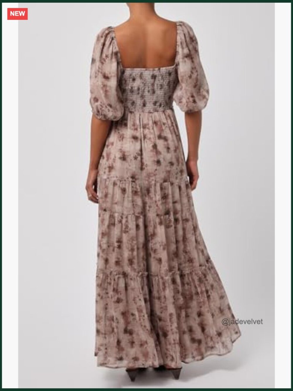 Ribbed Ruched Bodice Flowy Maxi Dress Puff Sleeve V-Neck - Picture 2 of 6